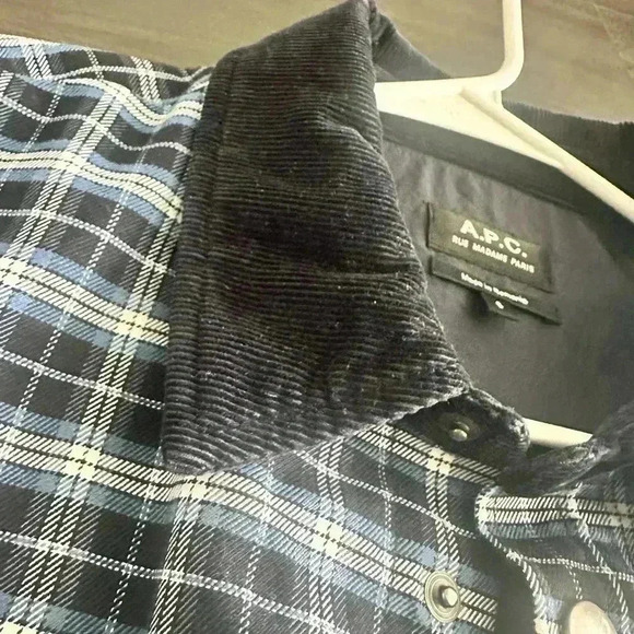 A.P.C. Navy Blue Plaid Button-Up Shirt Jacket with Corduroy Collar - Small - Picture 6 of 9